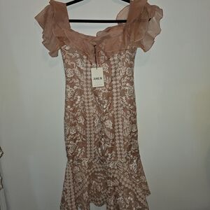 AMUR Women's Floral Ruffle Mini Dress - Brown and Cream